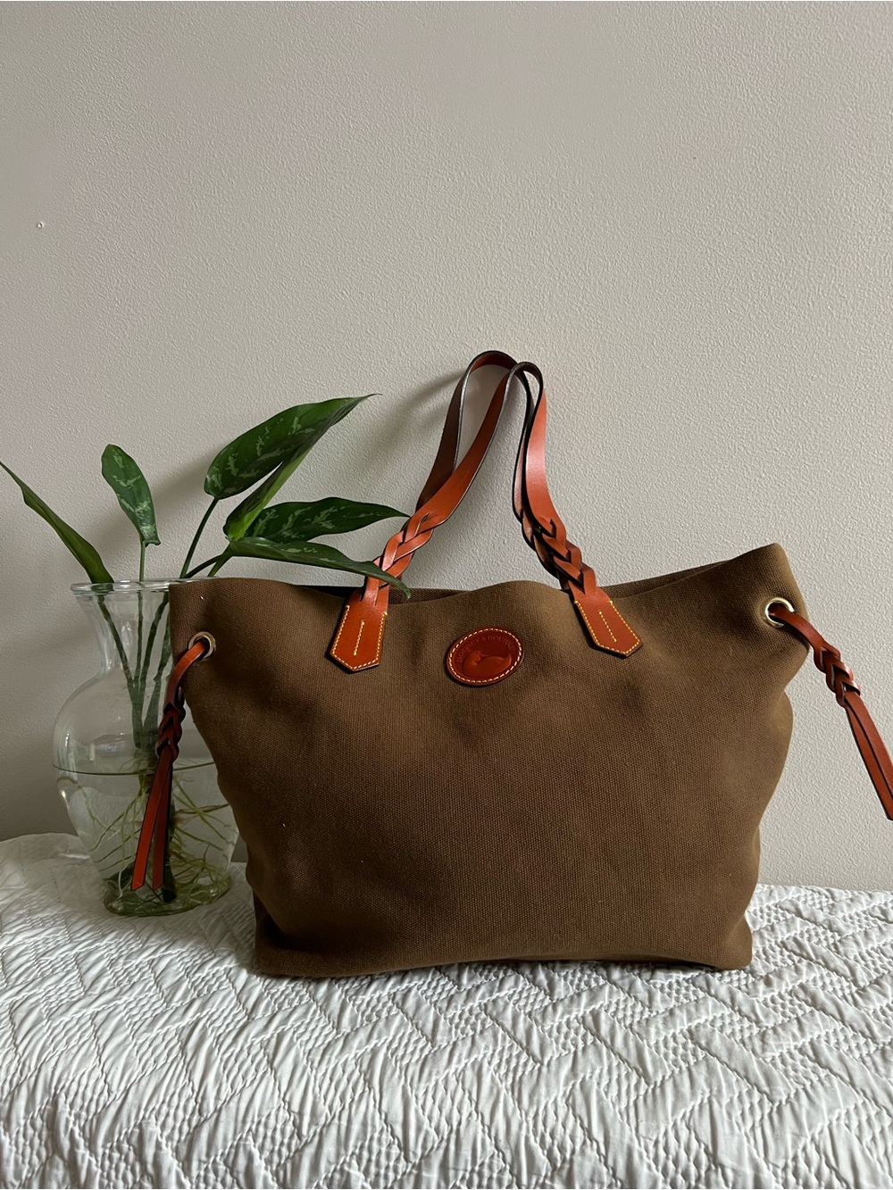 Dooney and Bourke Brown Canvas Shopper Tan Leather Trim